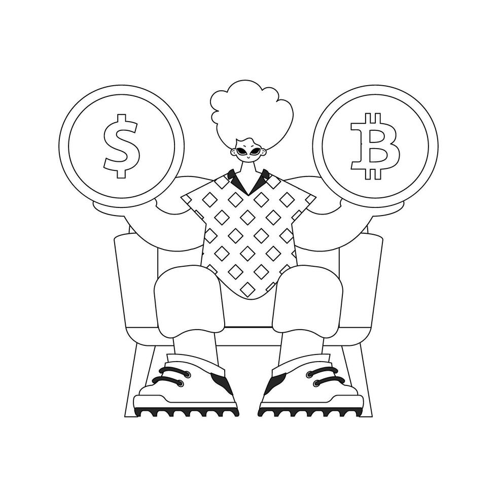 An attractive man holds a bitcoin and dollar coin in his hands. Newspaper black and white style. vector