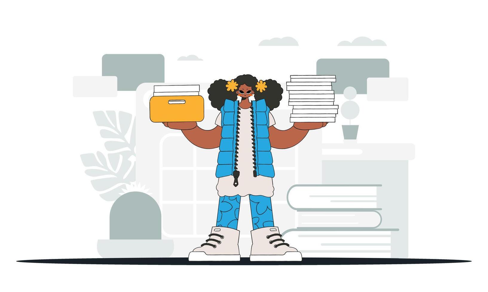 A cultured woman is holding a stack of documents in her hands. An illustration demonstrating the correct payment of taxes. vector