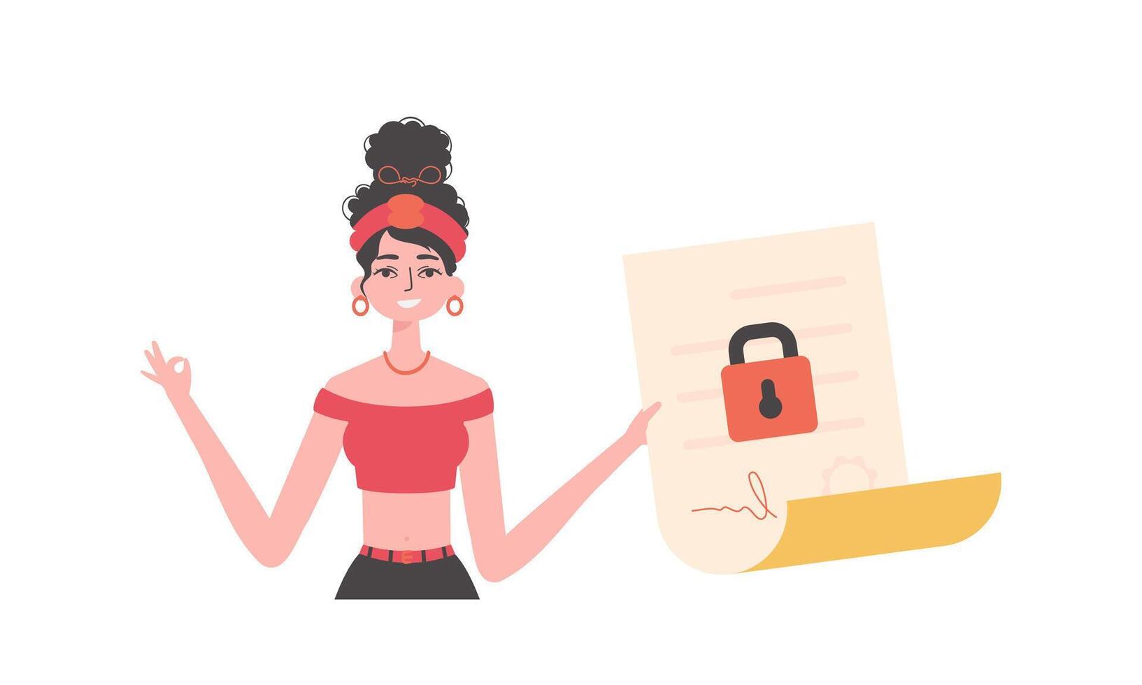 The girl is holding a document. Data protection. Smart contract. Modern style character. vector