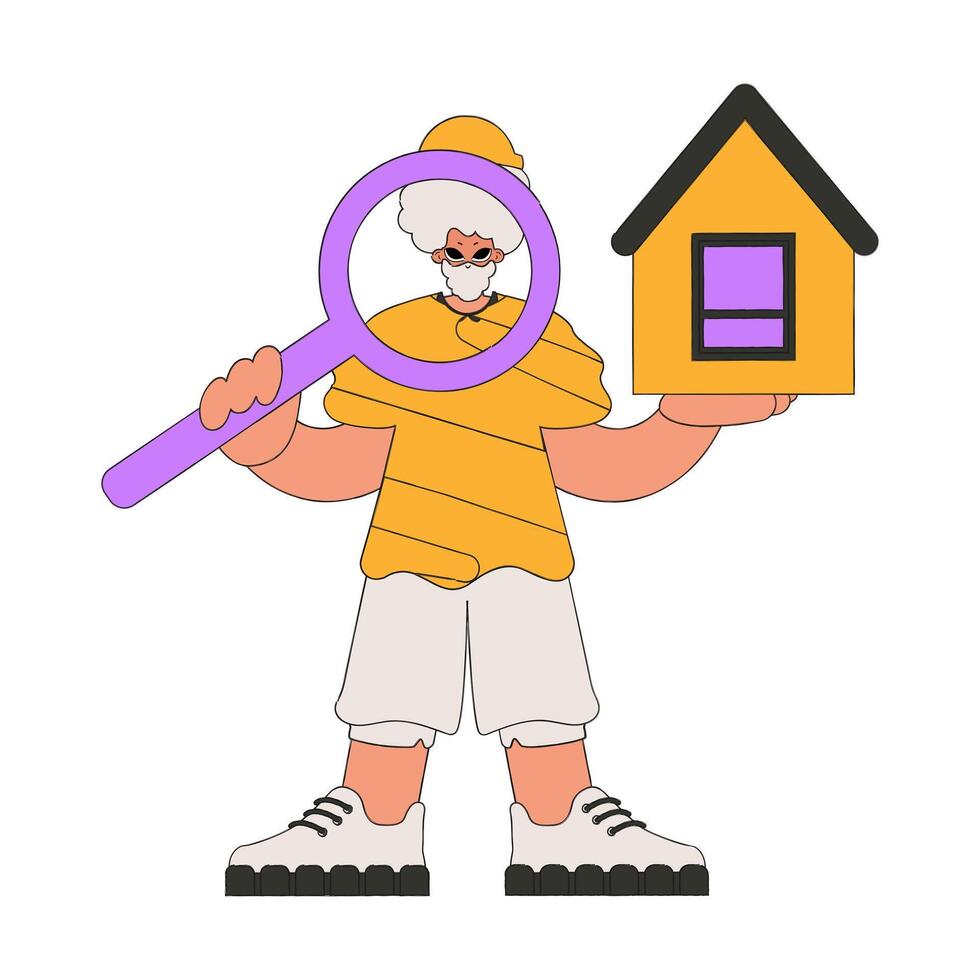 A male realtor is holding a house and a magnifying glass. Home ownership. vector