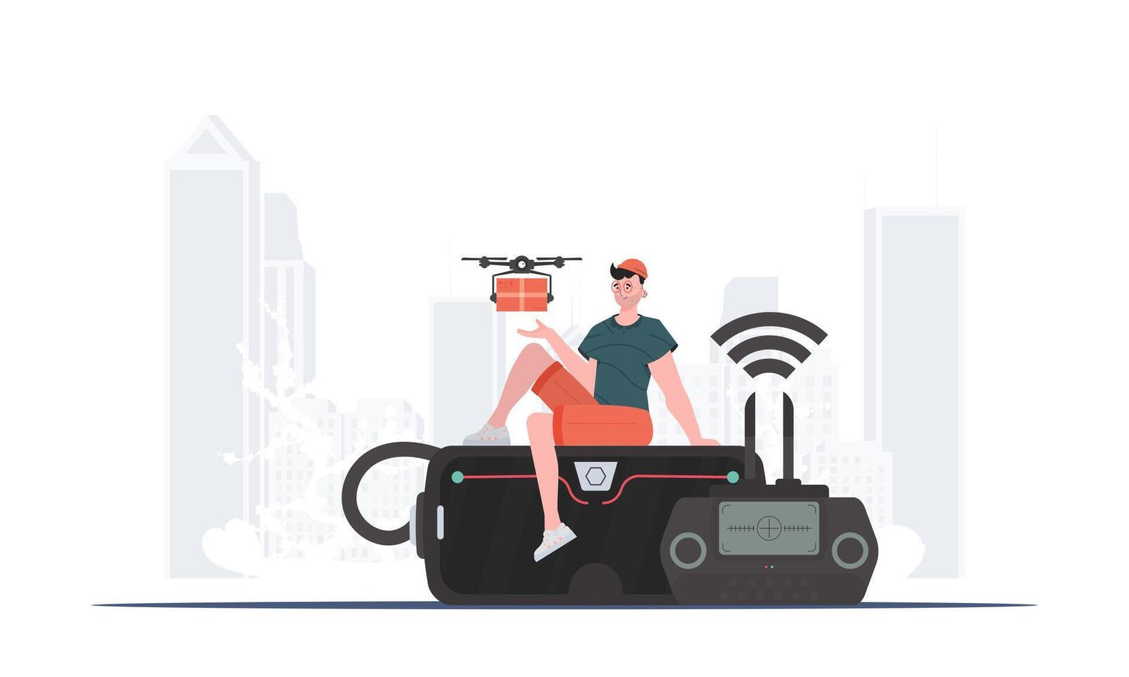 A man controls a drone with a package. The concept of cargo delivery by air. illustration. vector