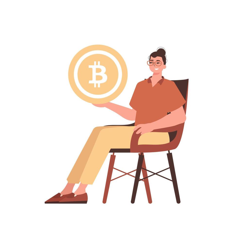 The guy sits in a chair and holds a bitcoin in the form of a coin in his hands. Character in modern trendy style. vector