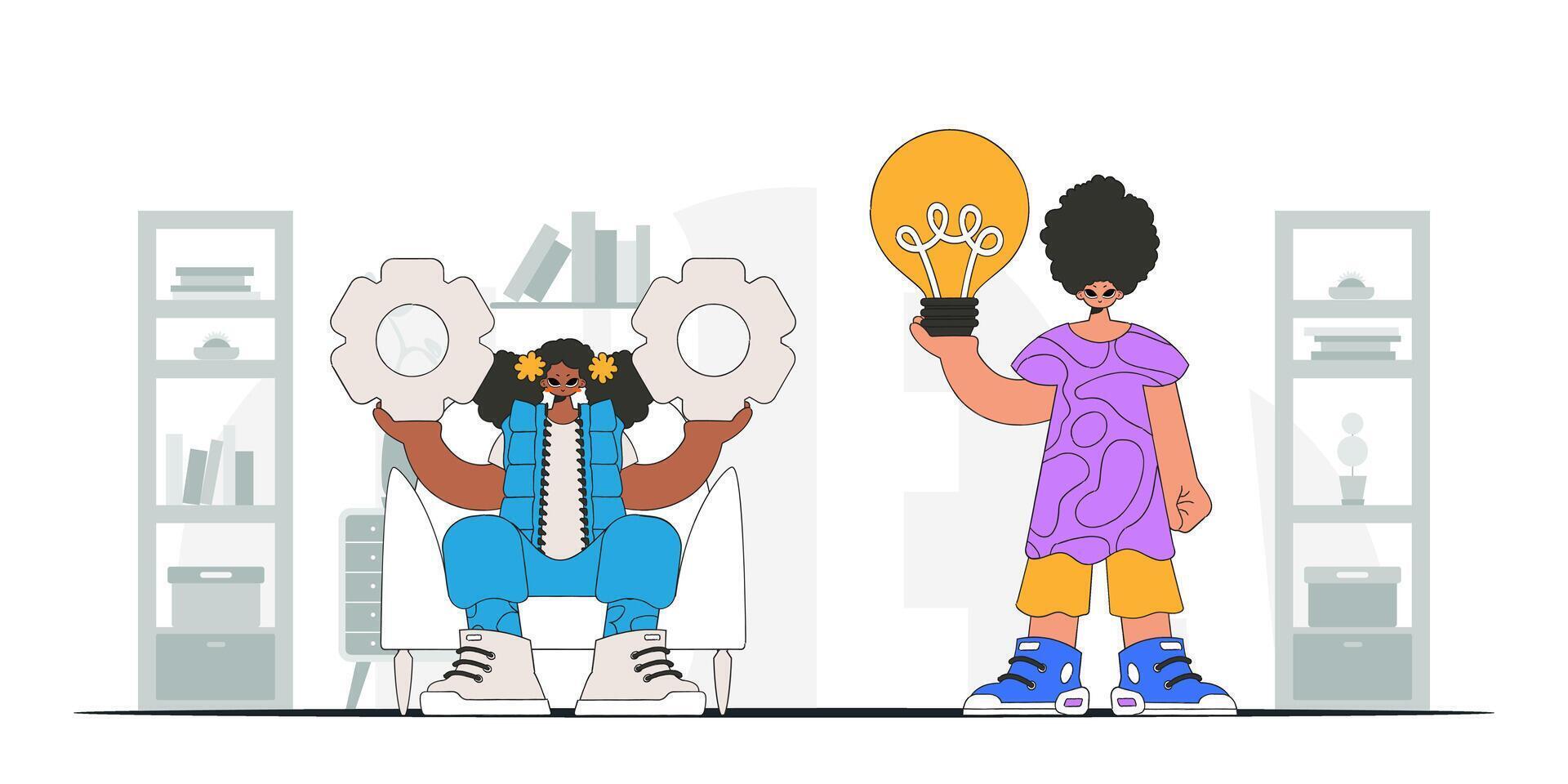 An elegant team solves problems and generates ideas. Light bulb and gears in their hands. Illustration on the theme of the appearance of an idea. vector