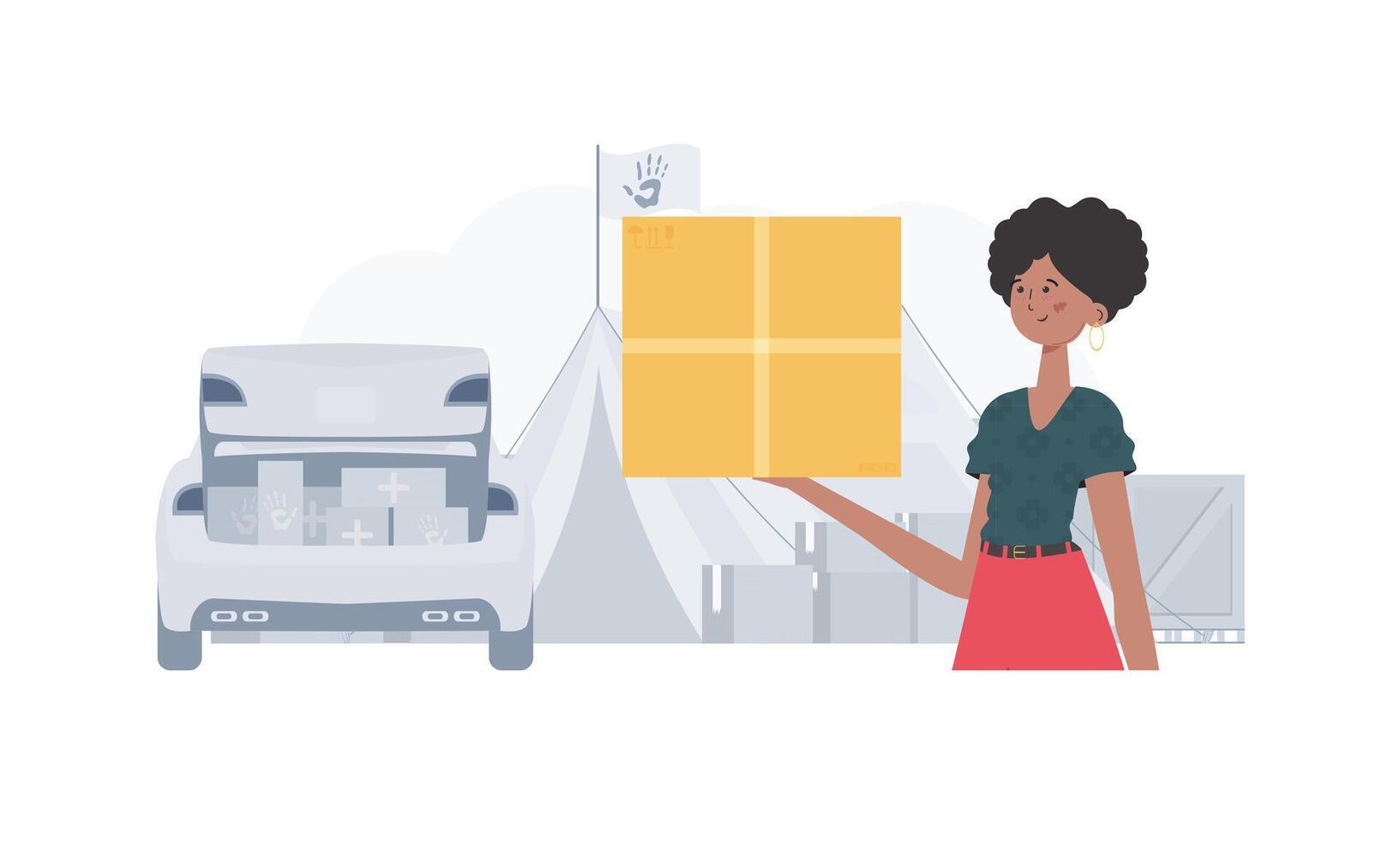 The woman is holding a box. The concept of humanitarian aid. . vector