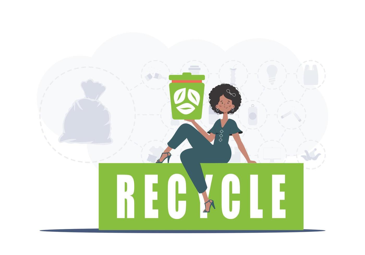 The girl sits and holds an urn in her hands. The concept of recycling and zero waste. illustration Flat trendy style. vector