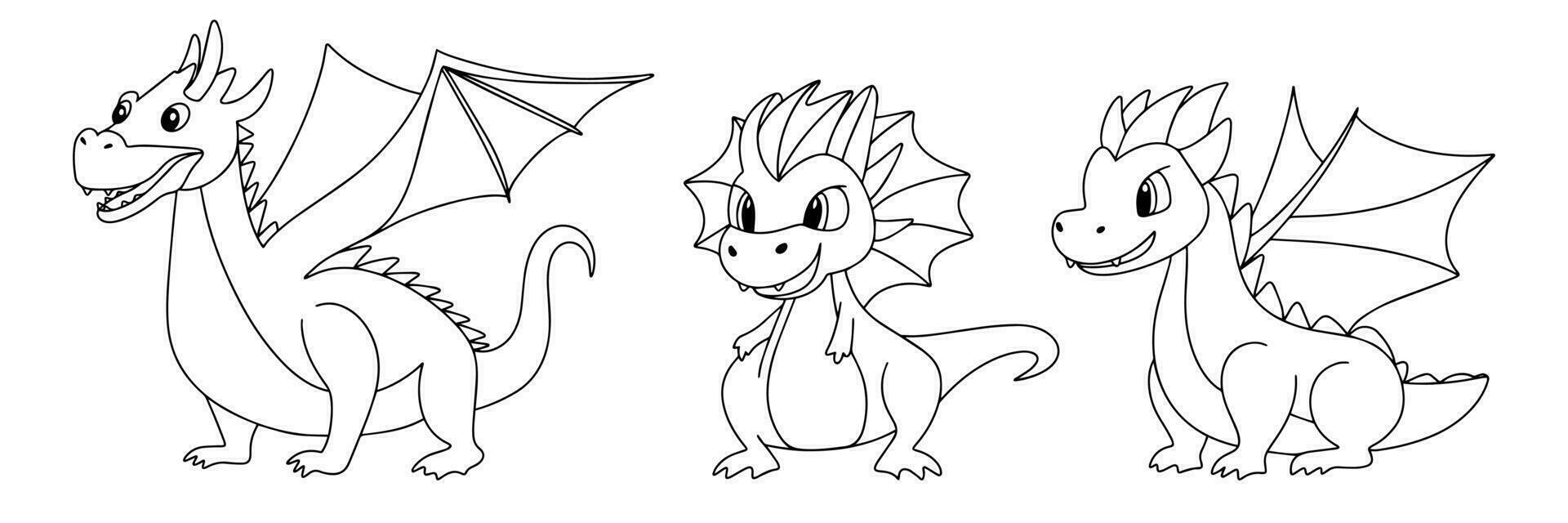 Big set of dragons in doodle style. Hand drawn dragons outline. Collection of dragons icons set. Vector illustration.