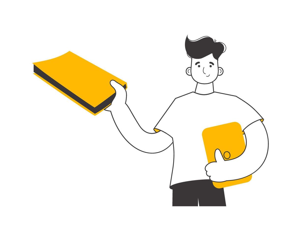 The guy holds a book and a laptop in his hands. Linear trendy style. Isolated. illustration. vector