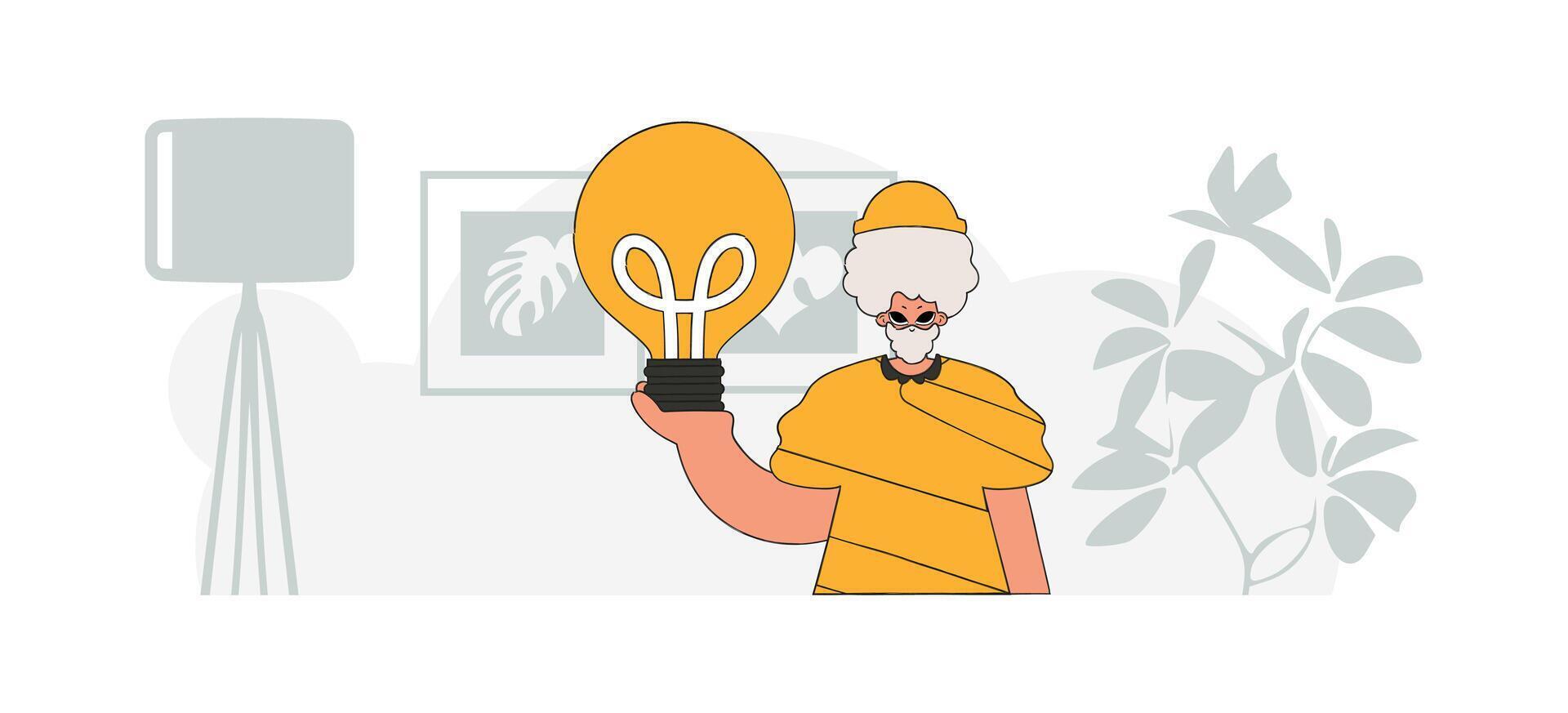 Fashionable guy holding a light bulb. Idea concept. trendy character. vector