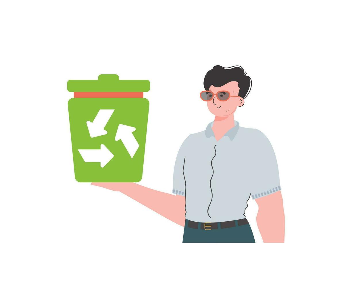 el chico es representado a el cintura y sostiene un basura lata en su mano. el concepto de ecología y reciclaje. aislado. de moda personaje estilo. vetcor. vector
