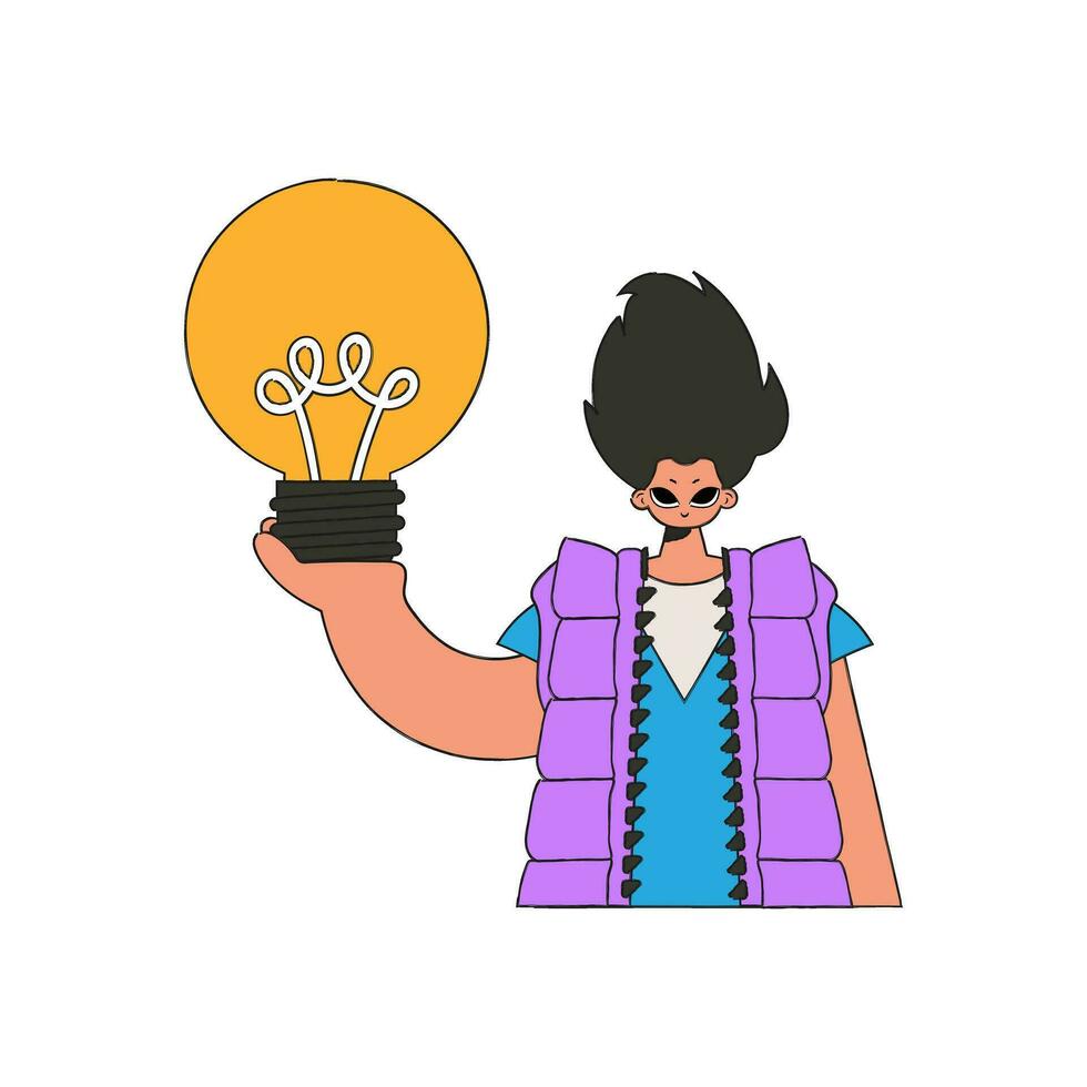 A fashionable man holds a light bulb in his hands. Idea theme. vector