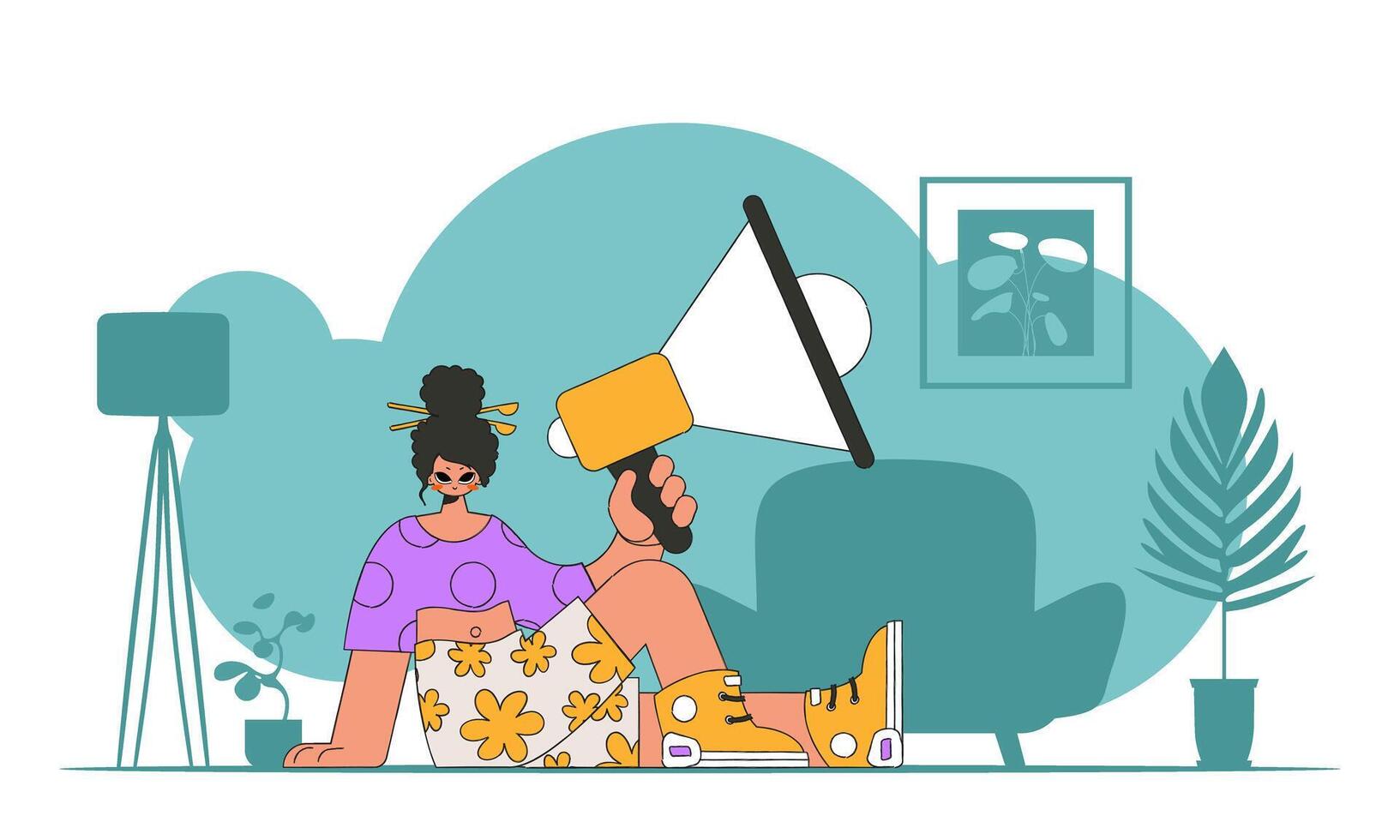 Stylized illustration of a HR representative. A young woman sits on the floor and holds a megaphone in her hand. vector