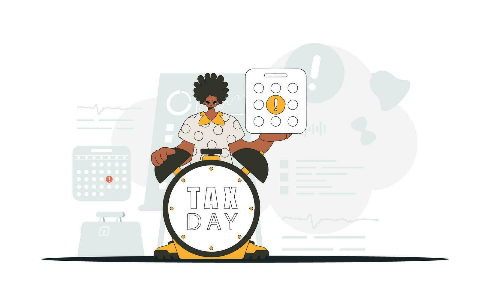 Elegant man with a calendar and an alarm clock. Graphic illustration on the theme of tax payments. vector
