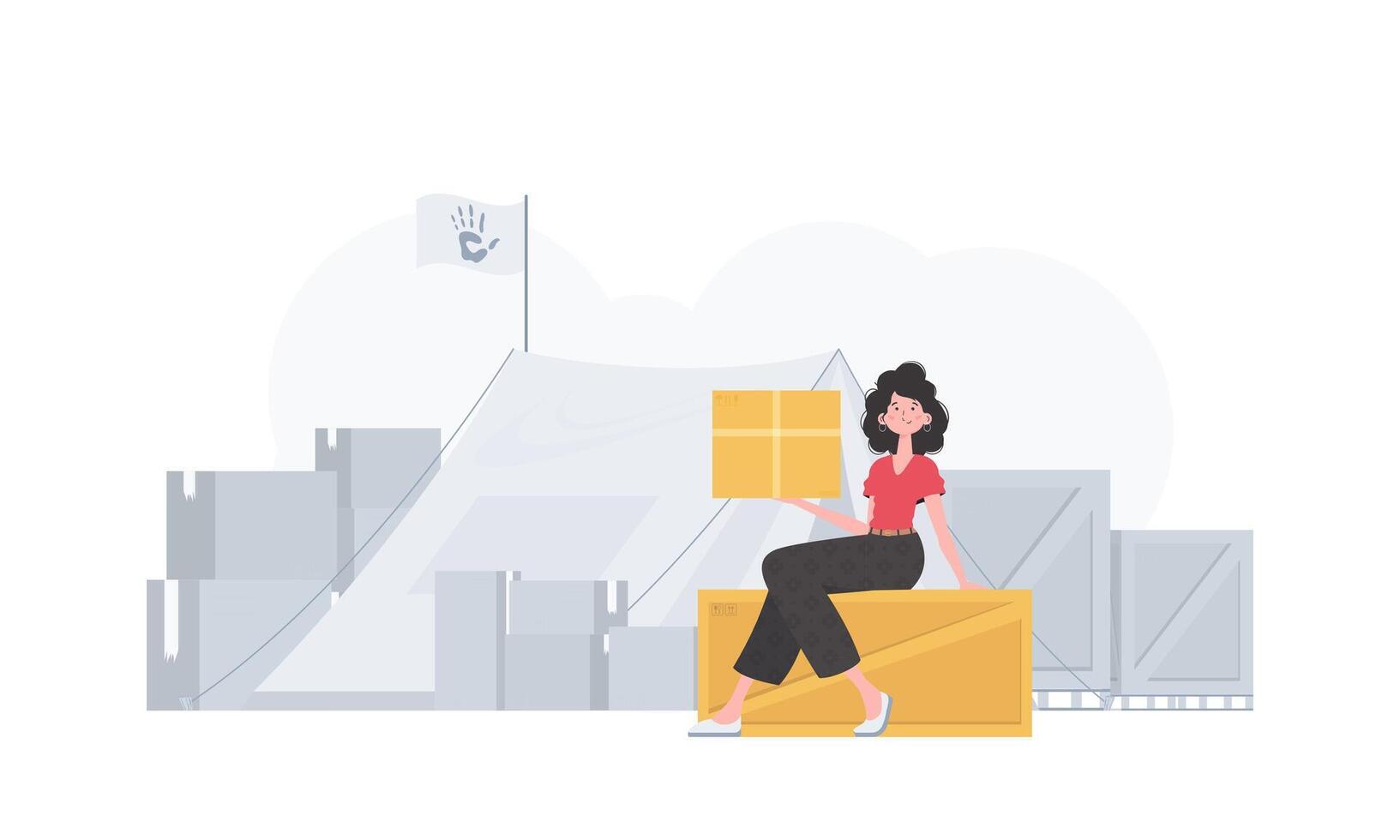 The woman is holding a parcel. Camp with humanitarian aid. Flat modern design. . vector