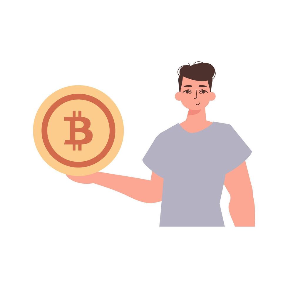 The guy holds a bitcoin coin in his hands. Character in a modern trendy style. vector