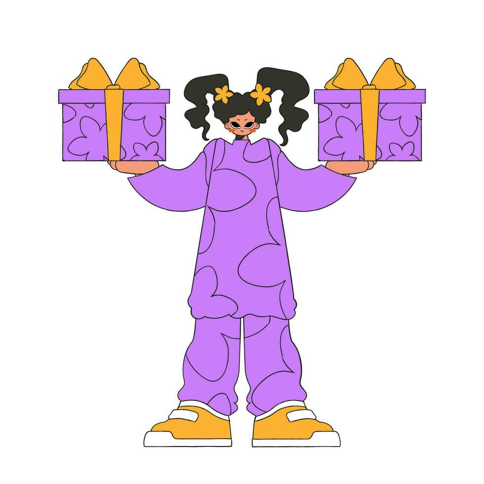 A woman holds two gifts in her hands. The concept of the holiday and gifts. Bright character in the style of the 80s and 90s. vector