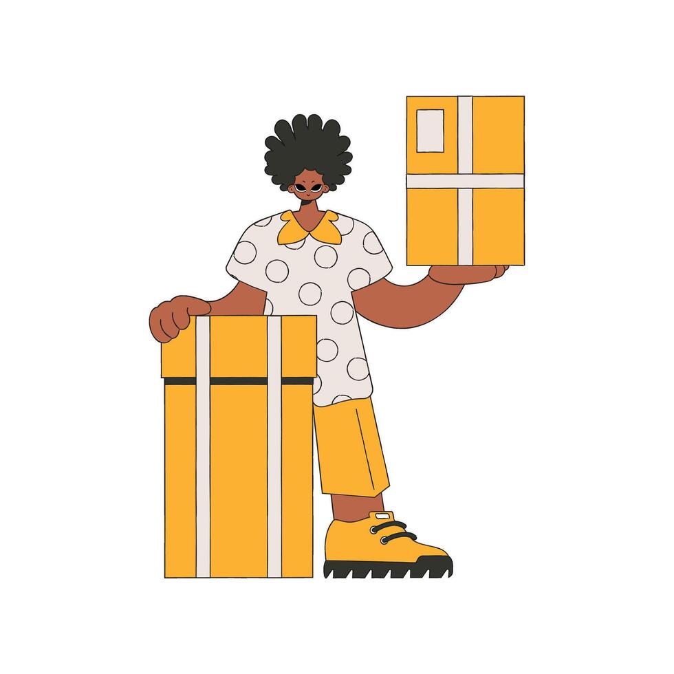 A delightful guy is holding boxes. The essence of delivering packages and freight. vector
