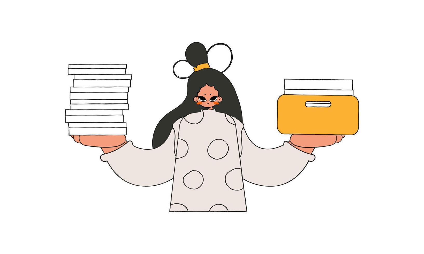 A well-dressed girl holds stacks of documents in her hands. vector