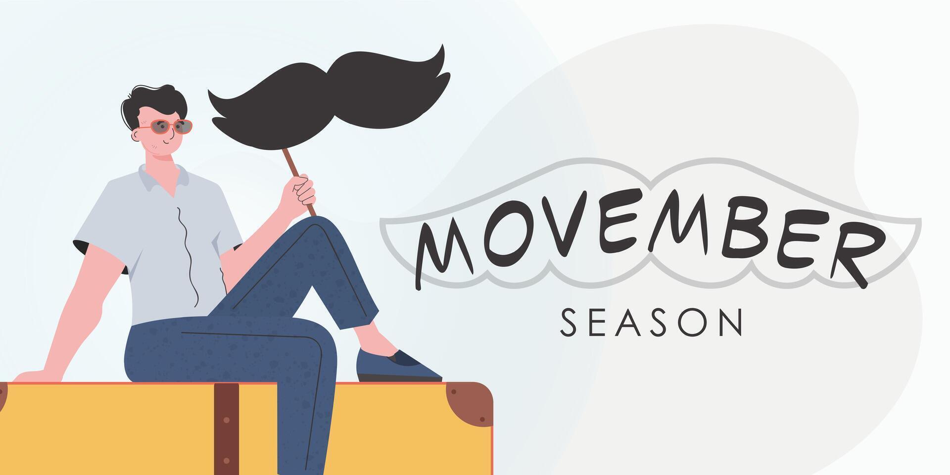 Movember poster. A man holds a mustache on a stick. Trendy cartoon style. . vector