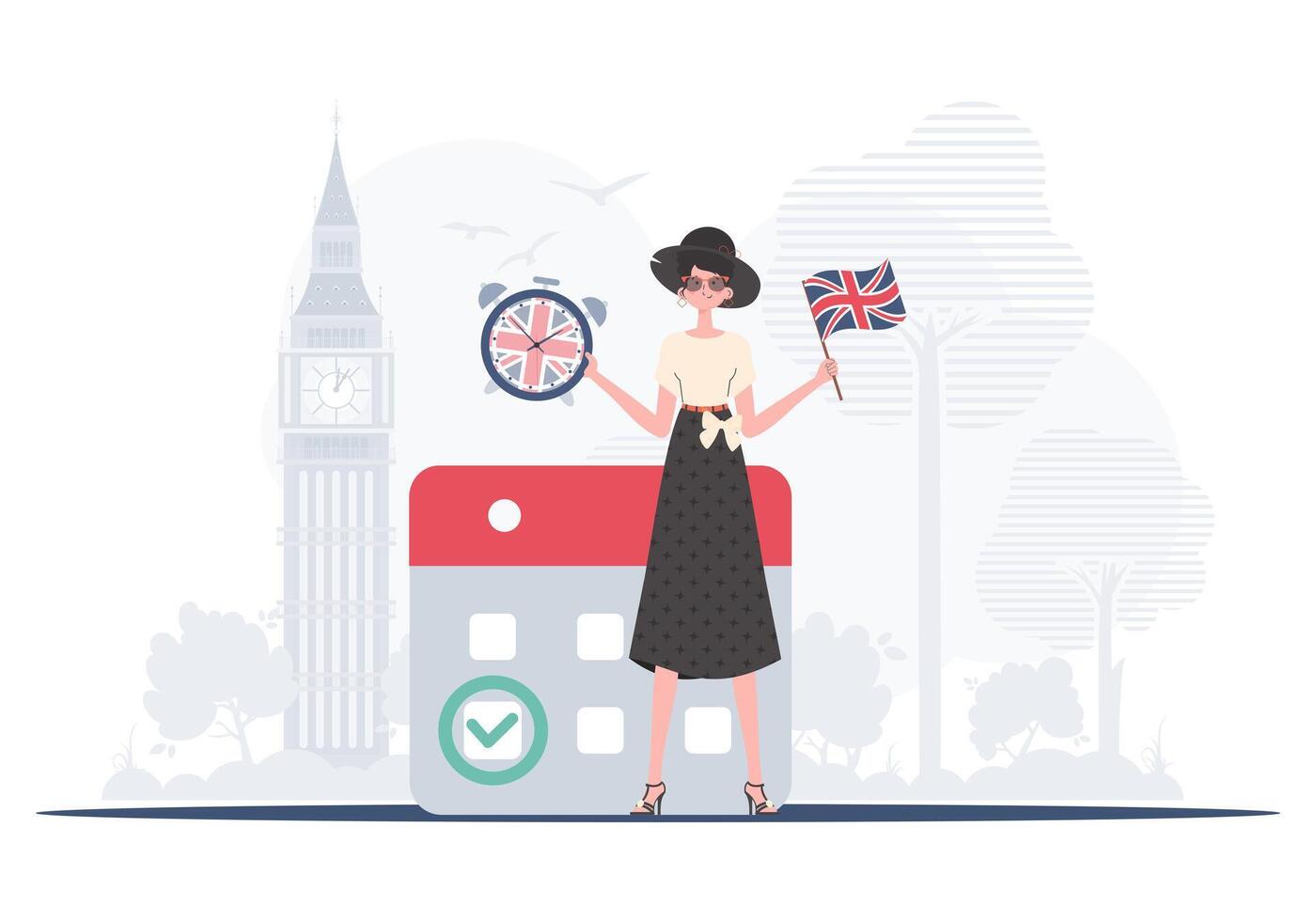 The concept of teaching English. Woman teacher shows that it's time to learn English. Trendy flat style. . vector