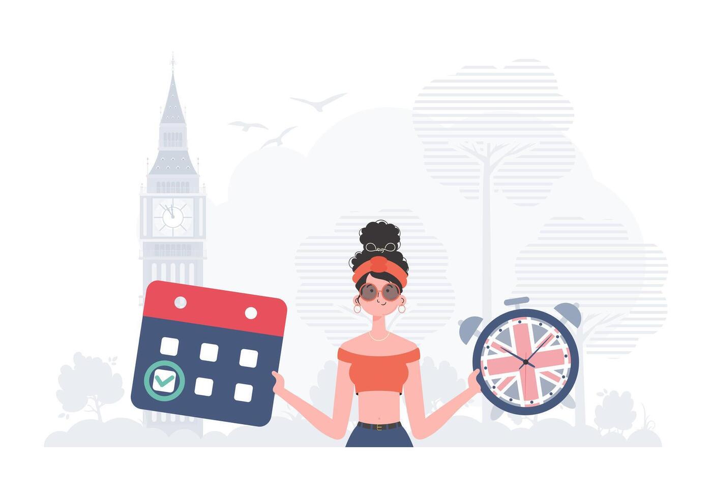The concept of learning English. Woman teacher shows that it's time to learn English. Trendy flat style. Illustration in . vector