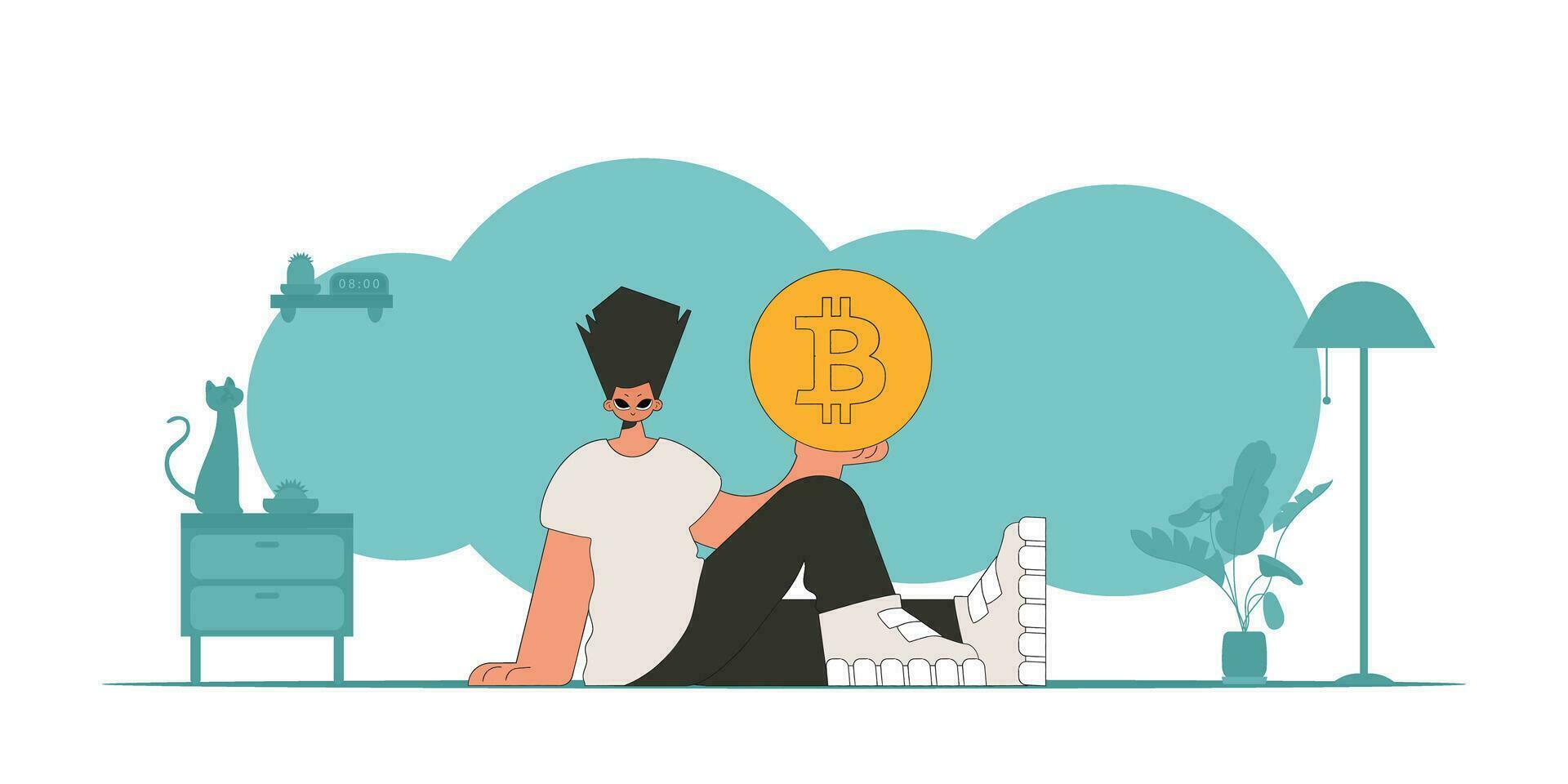 The guy is holding a bitcoin. The concept of interaction with digital monetary assets. vector
