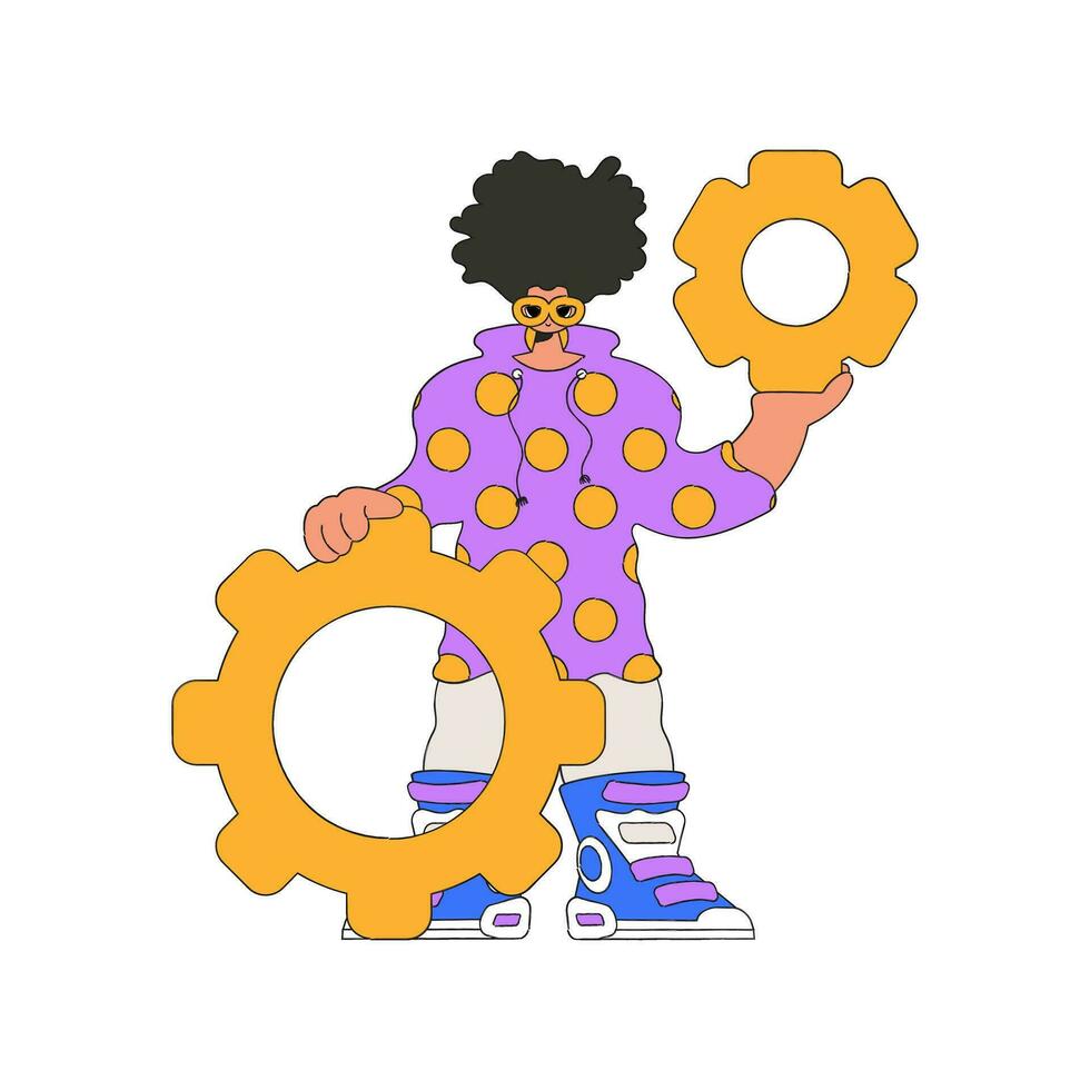 An elegant man holds gears in his hands. Idea theme. vector