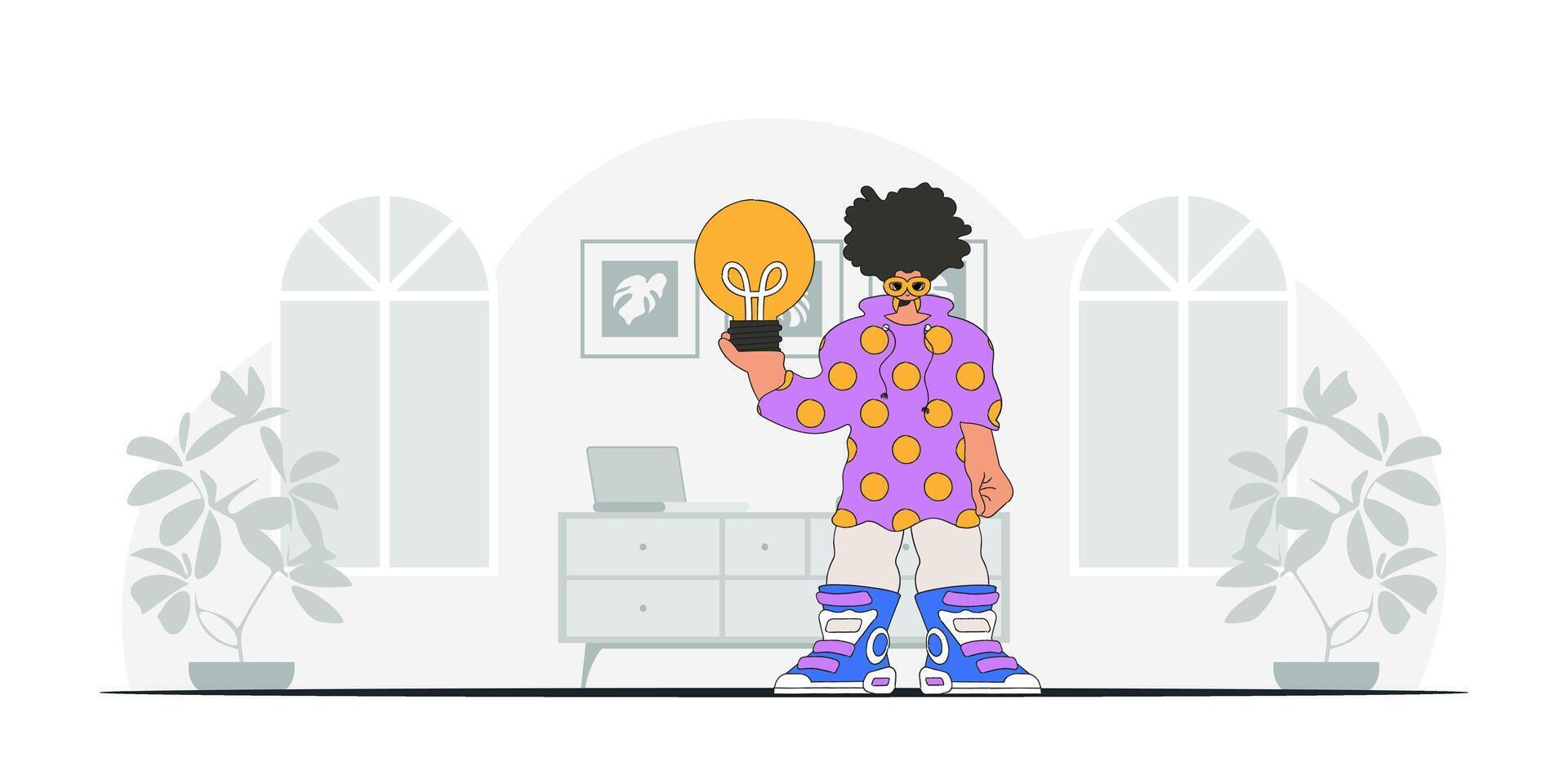 A fashionable guy holds a light bulb in his hands. Idea concept. trendy character. vector