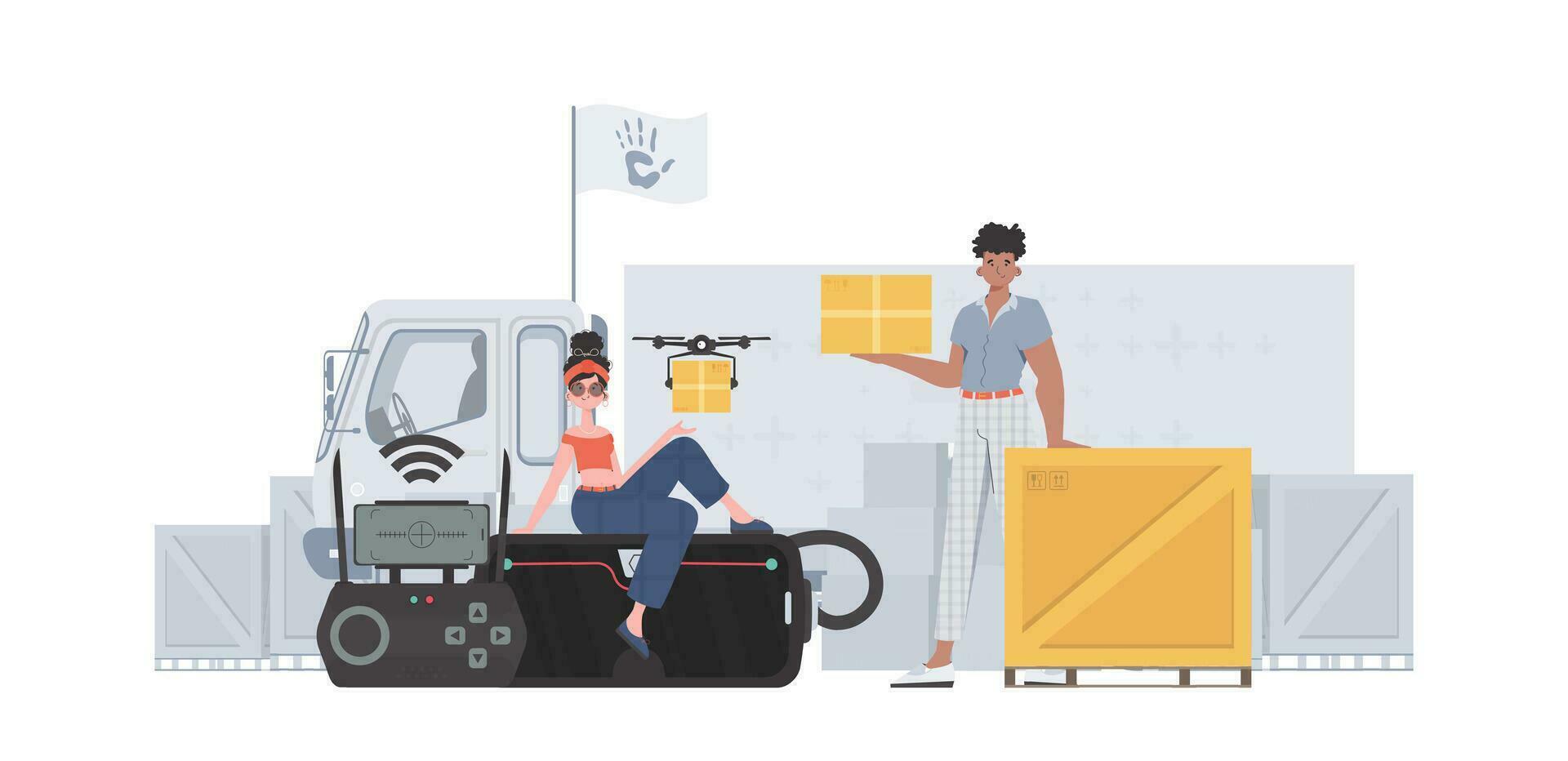 The theme of humanitarian aid. The drone is transporting the parcel. Man and woman with cardboard boxes. Flat modern design. Vector. vector