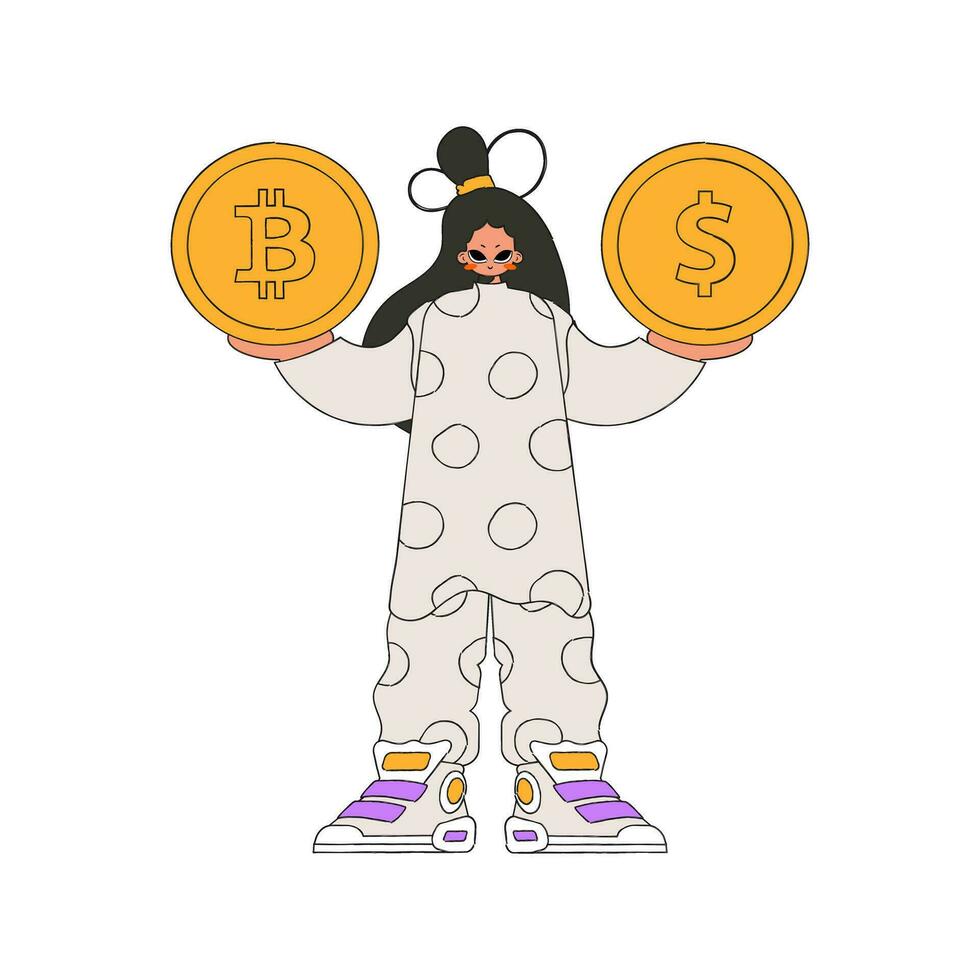 Girl is holding bitcoin and dollar. Character trendy style. vector