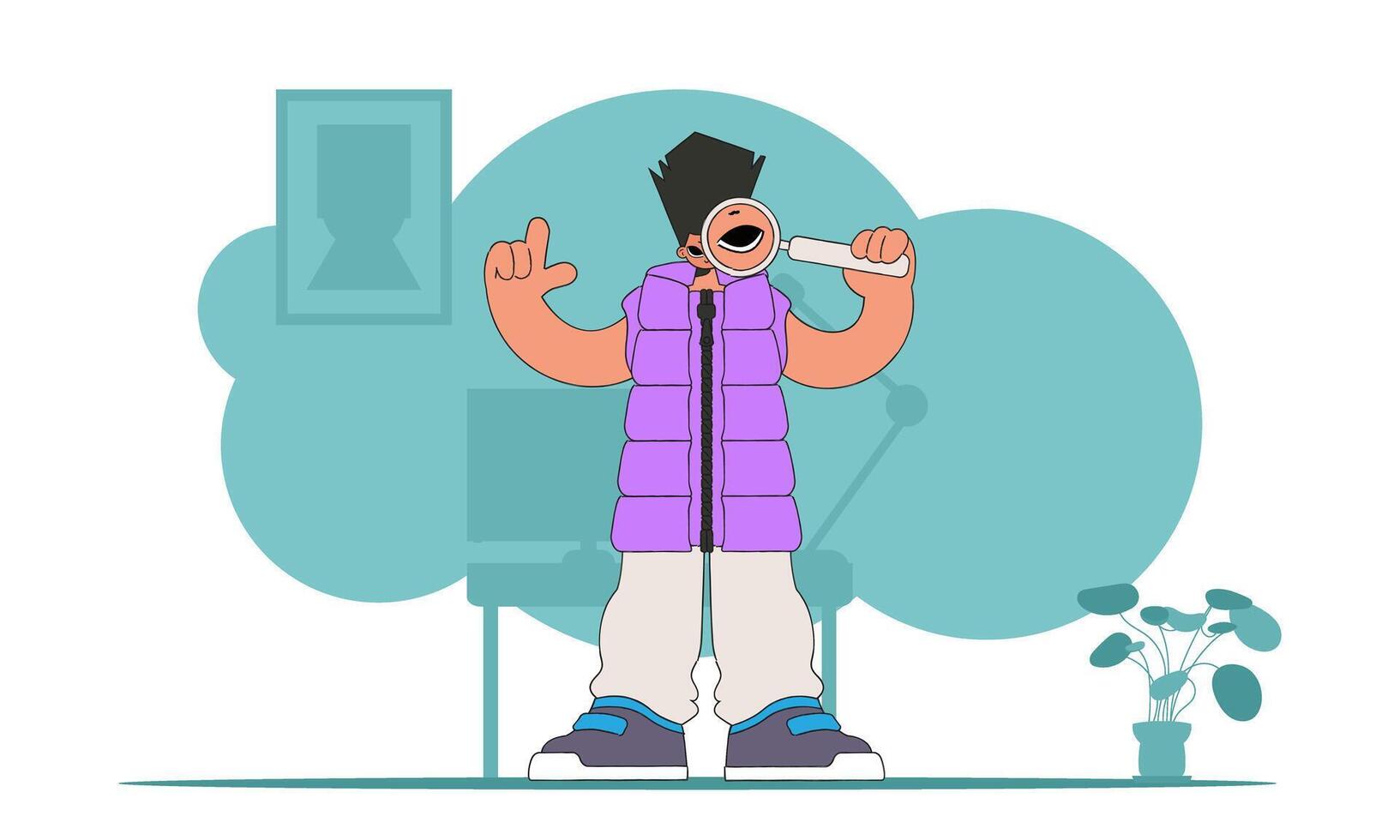 The concept of searching for information. The man is holding a magnifying glass. Linear retro style character. vector