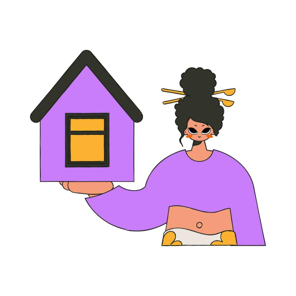 Realtor girl holding a house. Home ownership. vector