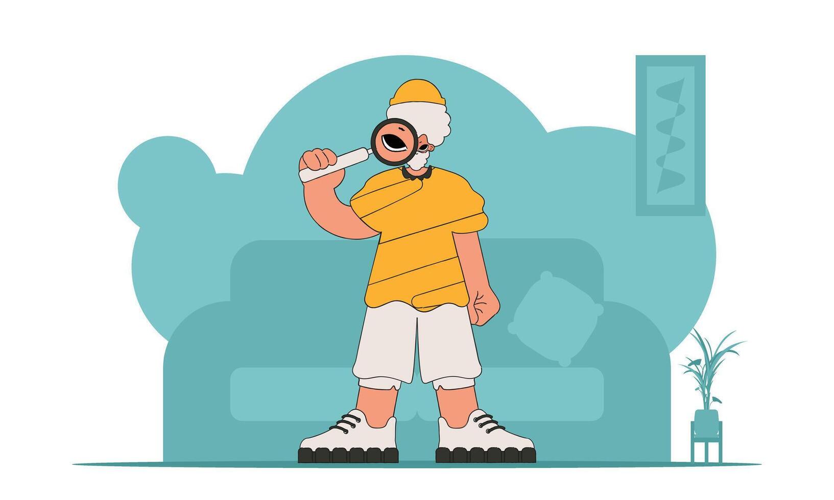 The concept of searching for information. The guy is holding a magnifying glass. Retro style character. vector