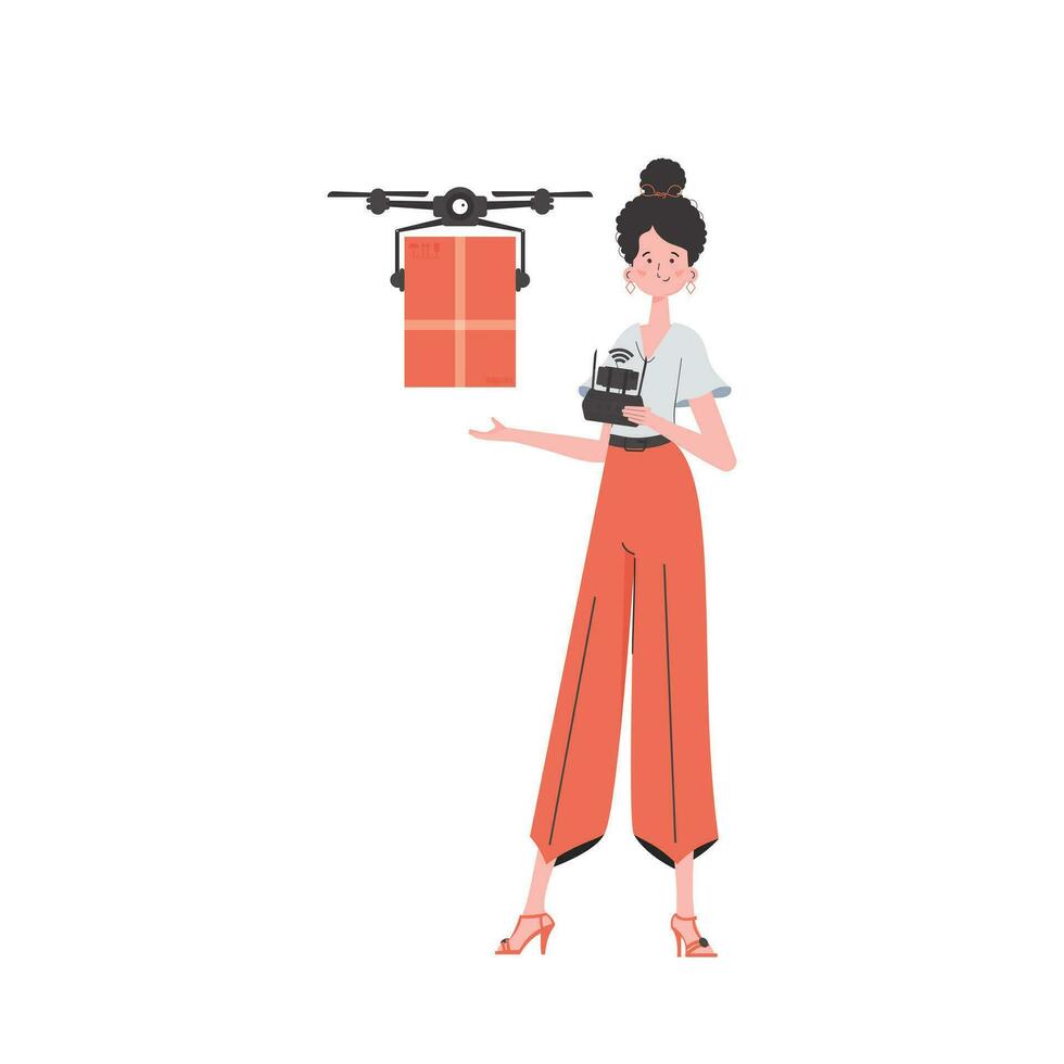 The concept of cargo delivery by air. A woman controls a drone with a parcel. Isolated on white background. Flat modern design. Vector. vector