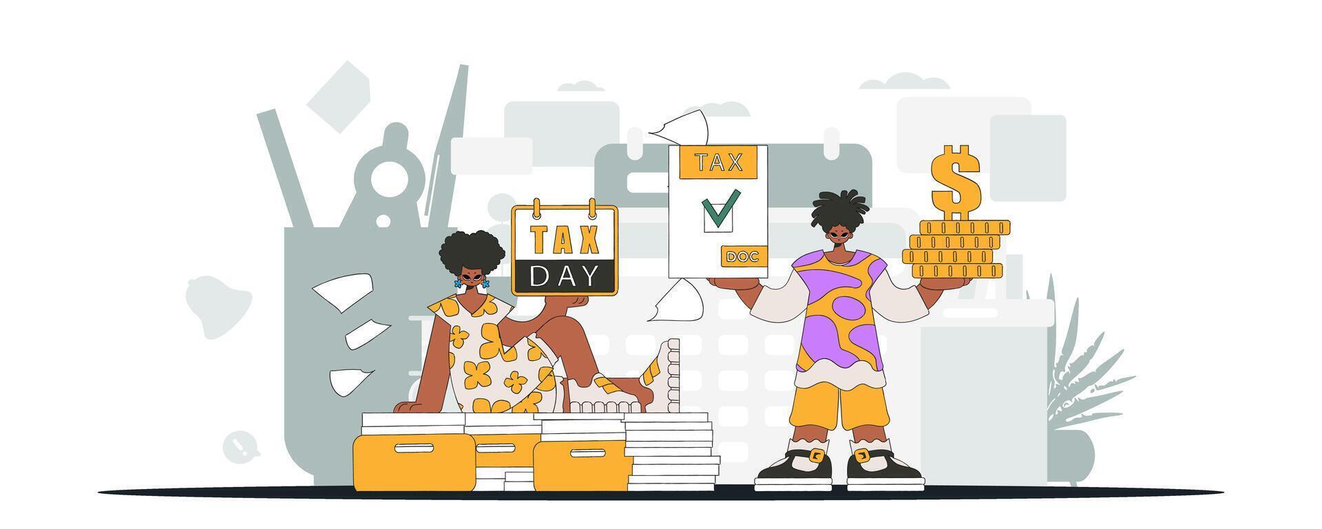 A smart guy and a girl are engaged in paying taxes. Graphic illustration on the theme of tax payments. vector