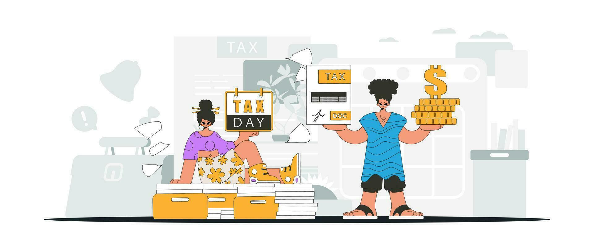An elegant girl and a guy are engaged in paying taxes. An illustration demonstrating the correct payment of taxes. vector