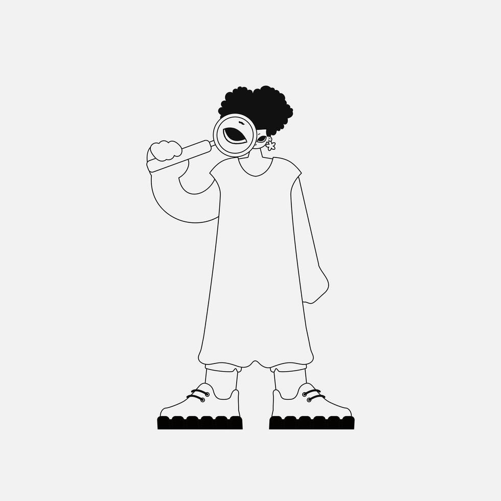 Attractive woman holds in her hands a magnifying glass, a loupe. Newspaper black and white style. vector