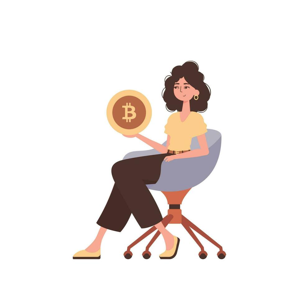un mujer se sienta en un silla y sostiene un bitcoin moneda en su manos. personaje en un moderno de moda estilo. vector