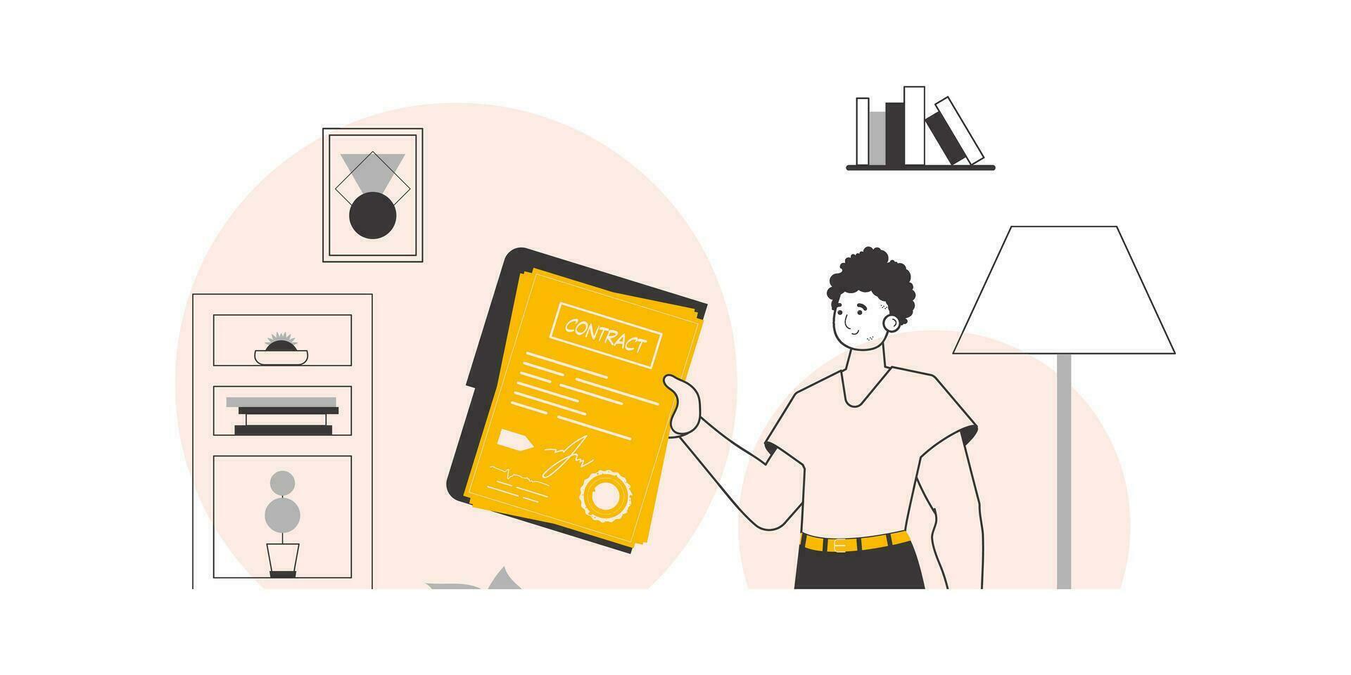 The guy is holding a contract in his hands. Minimalistic linear style. Vector illustration.