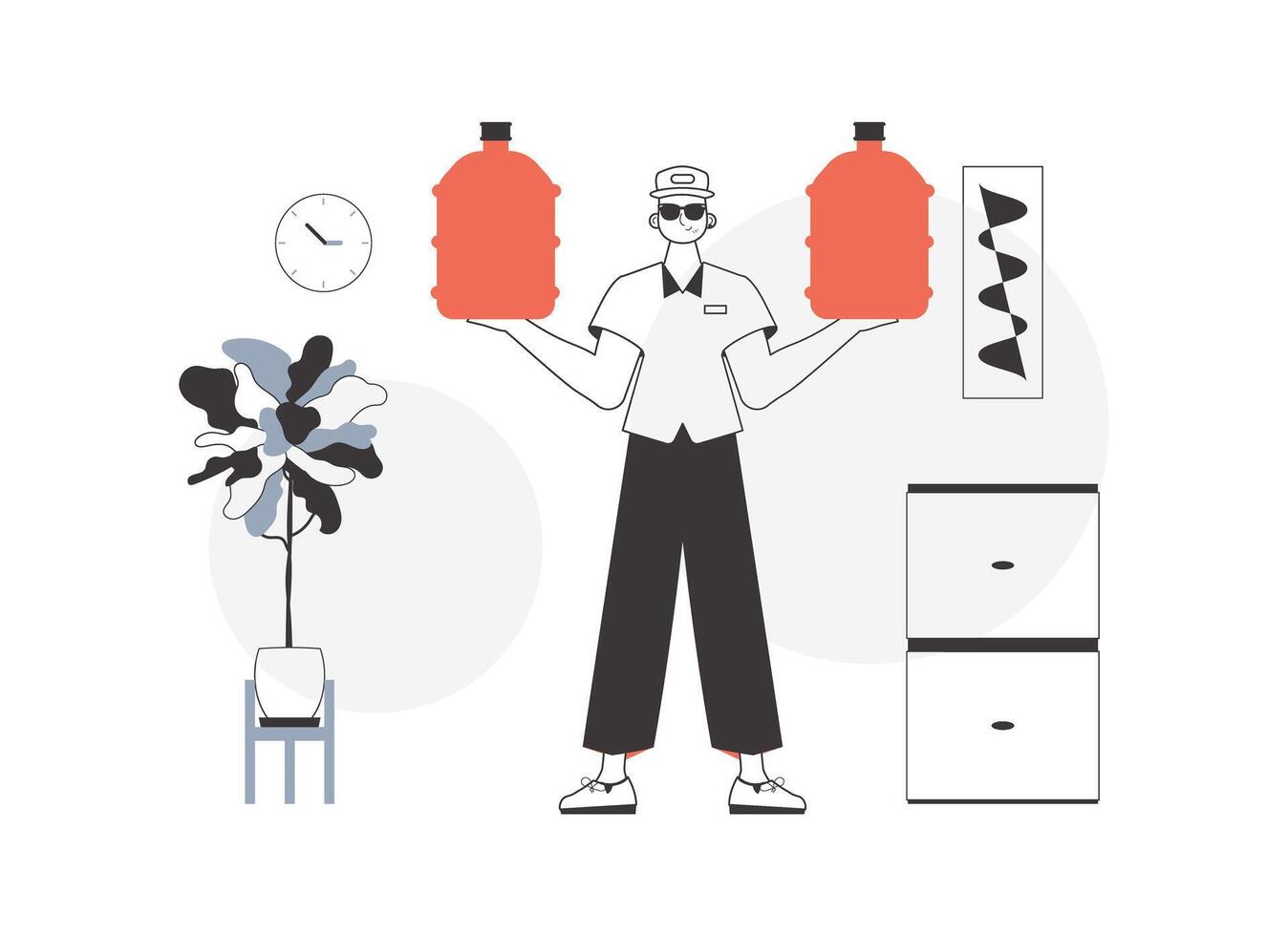 A guy with a big bottle of water in his hands. Water delivery concept. Lineart style. vector