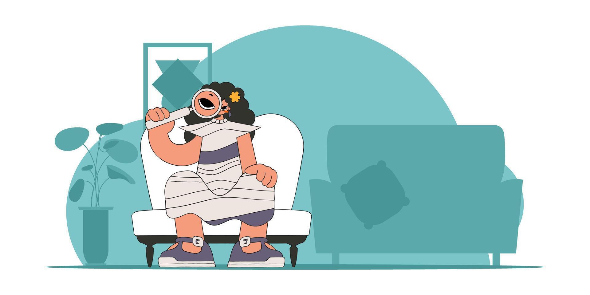 Concept Finding the necessary information on the Internet. The guy is holding a magnifying glass in his hands. Linear retro style character. vector