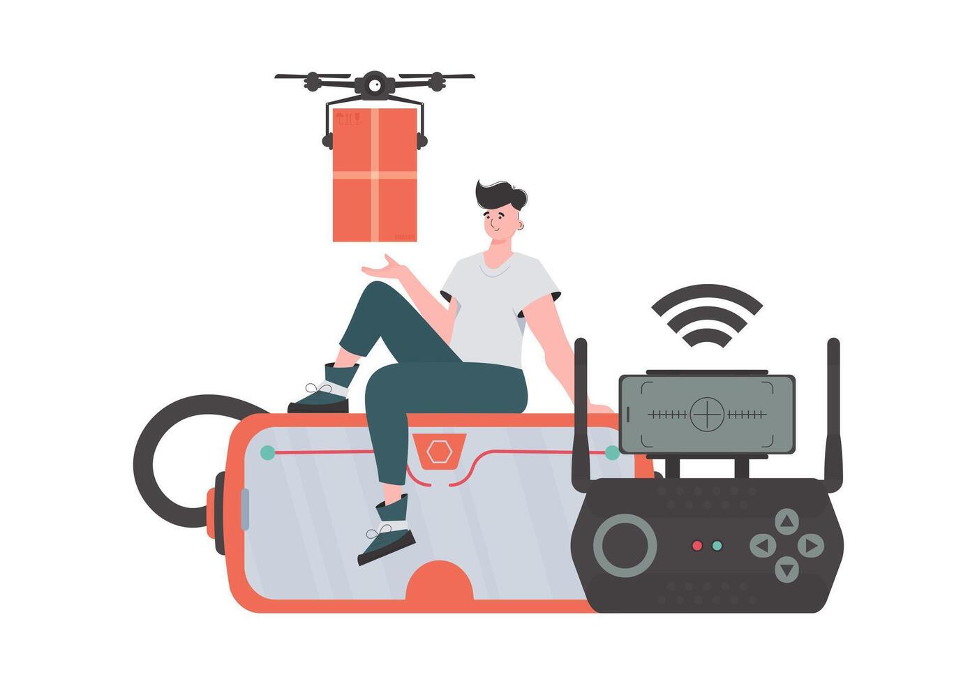 The concept of cargo delivery by air. A man controls a quadcopter with a package. Isolated. trendy style. illustration. vector