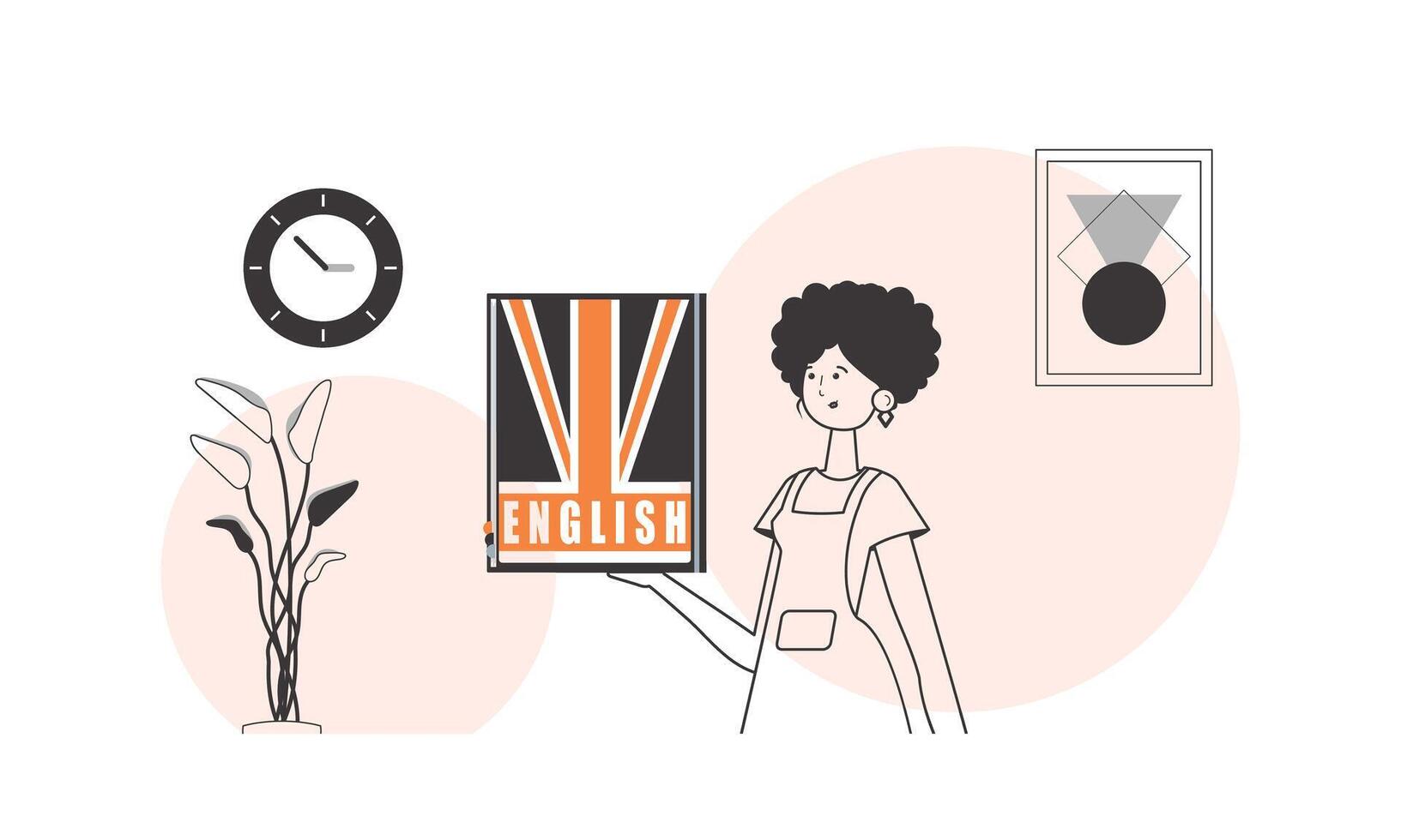 Girl English teacher. The concept of learning English. Linear style. vector