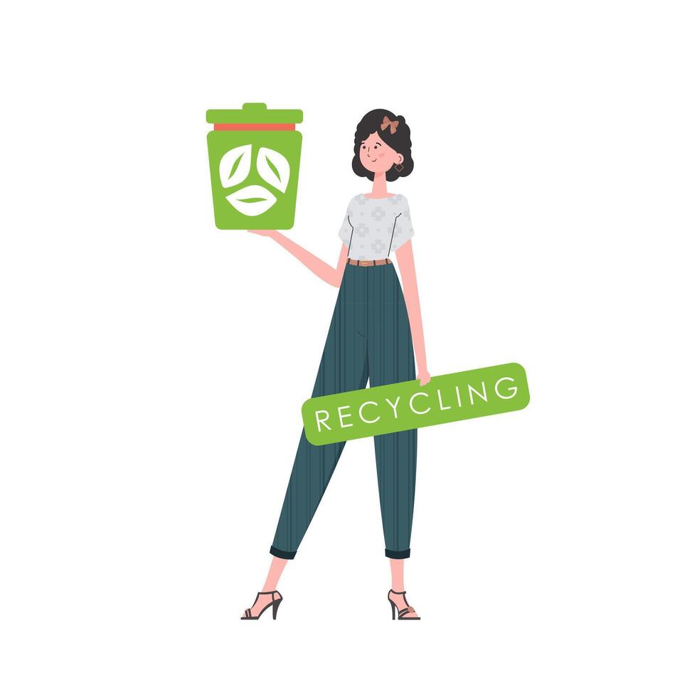 The girl is depicted in full growth and holds an urn in her hands. The concept of ecology and recycling. Isolated. Trendy character style. Vetcor. vector