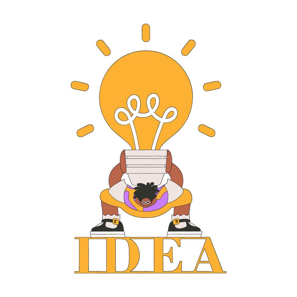 Funny illustration on the theme of the idea. A man is holding a heavy large light bulb. vector