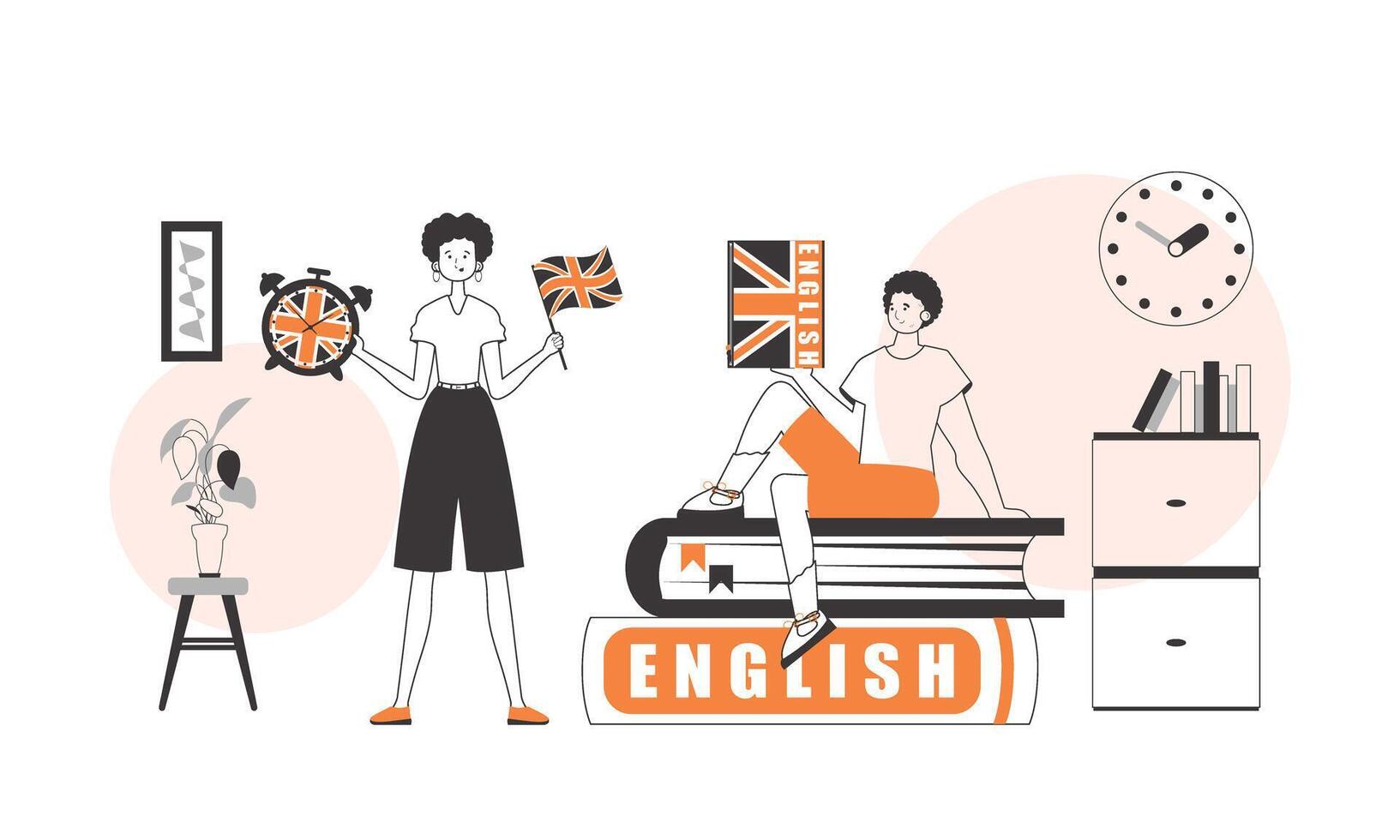 Girl and guy English teacher. The concept of learning a foreign language. Lineart style. vector