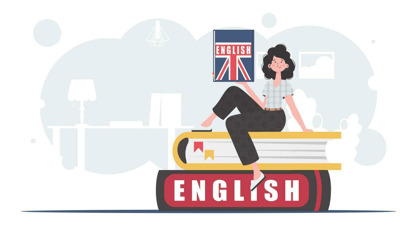 The concept of learning English. A woman sits on books and holds an English dictionary in her hands. Flat modern style. Vector illustration.