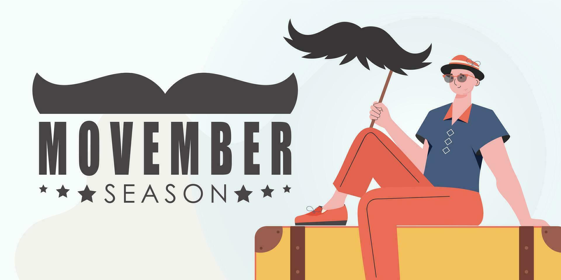 Movember poster. A man holds a mustache on a stick. Trendy cartoon style. Vector illustration.