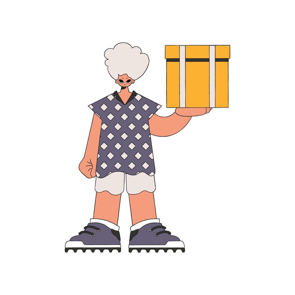 A beautiful man holds a box in his hands. The essence of delivering packages and freight. vector