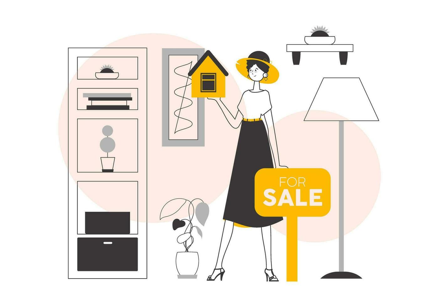 The girl is a specialist in the sale of real estate. Linear trendy style. Vector illustration.