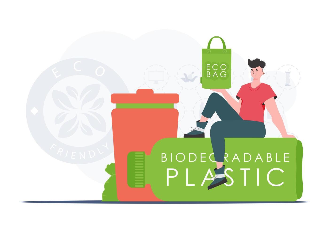Concept of green world and ecology. The guy sits on a bottle made of biodegradable plastic and holds an ECO BAG in his hands. Trend style. illustration. vector